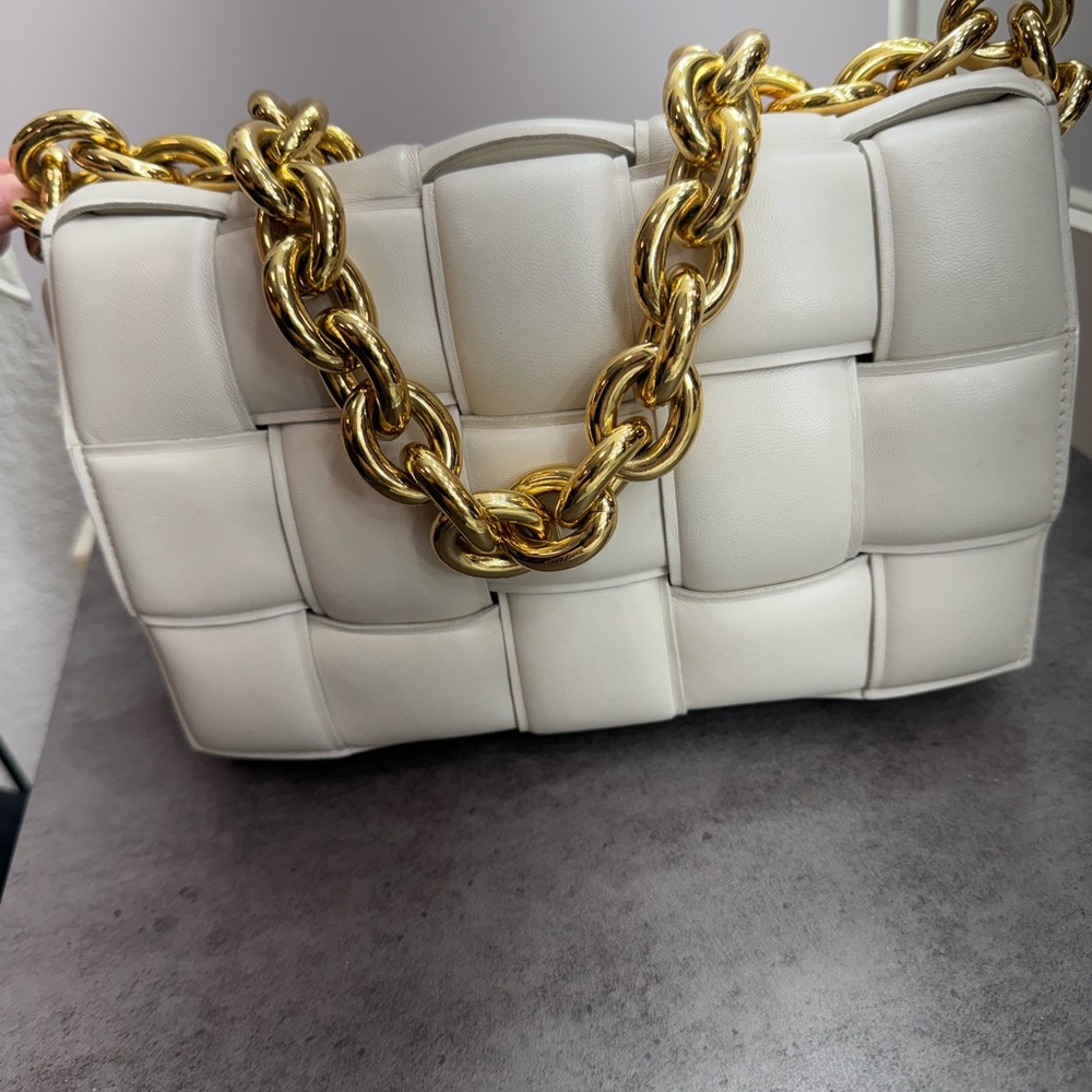 Bottega Veneta Cream Woven Shoulder Bag with Gold Chain